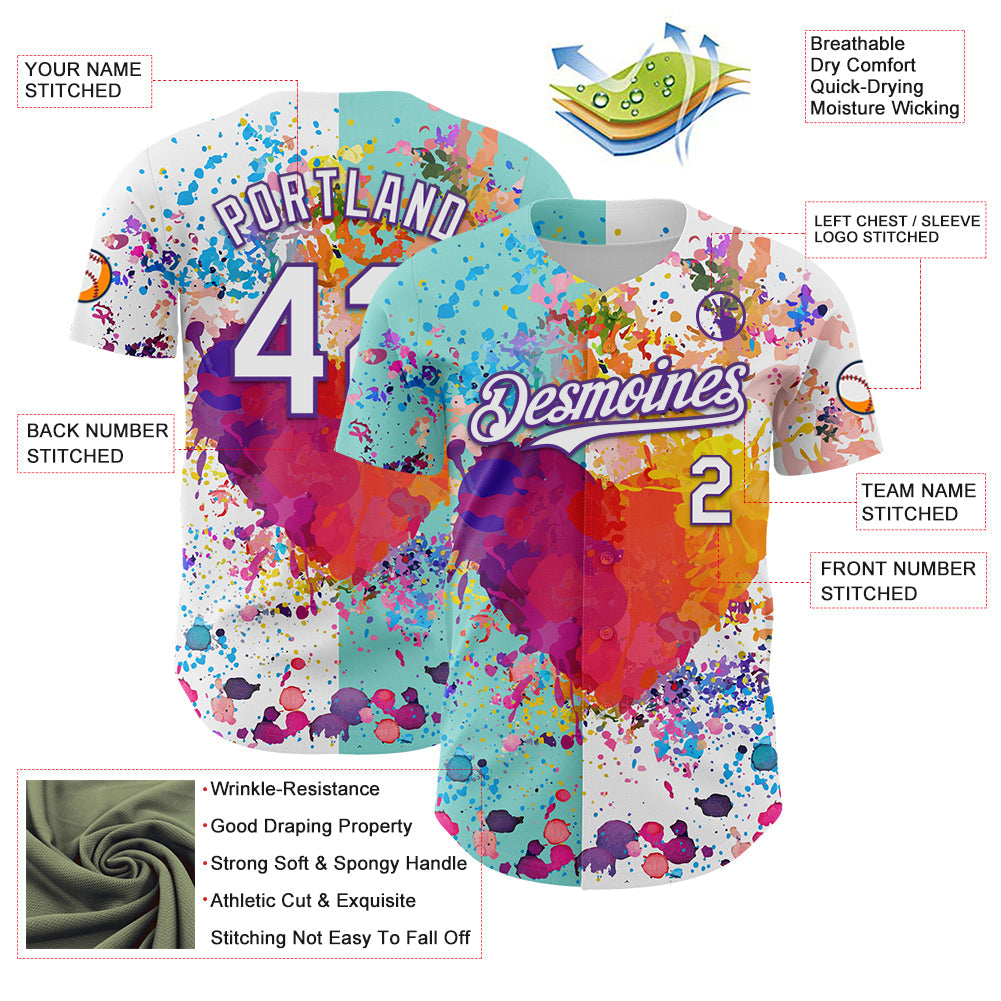 Custom White Ice Blue-Purple 3D Pattern Design Graffiti Splash Authentic Baseball Jersey view 3