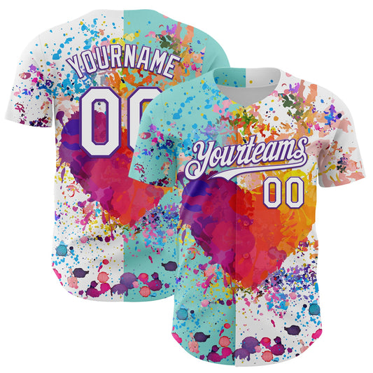 Custom White Ice Blue-Purple 3D Pattern Design Graffiti Splash Authentic Baseball Jersey - Main View
