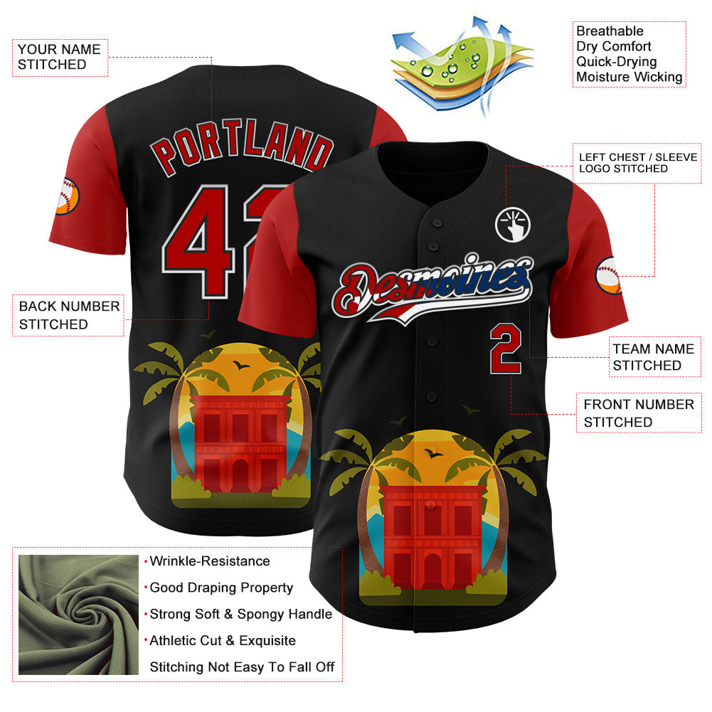Custom Black Red White-Cuban Flag 3D Cuba Authentic Baseball Jersey view 3