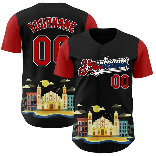 Custom Black Red White-Cuban Flag 3D Cuba Santiago Authentic Baseball Jersey - Main View