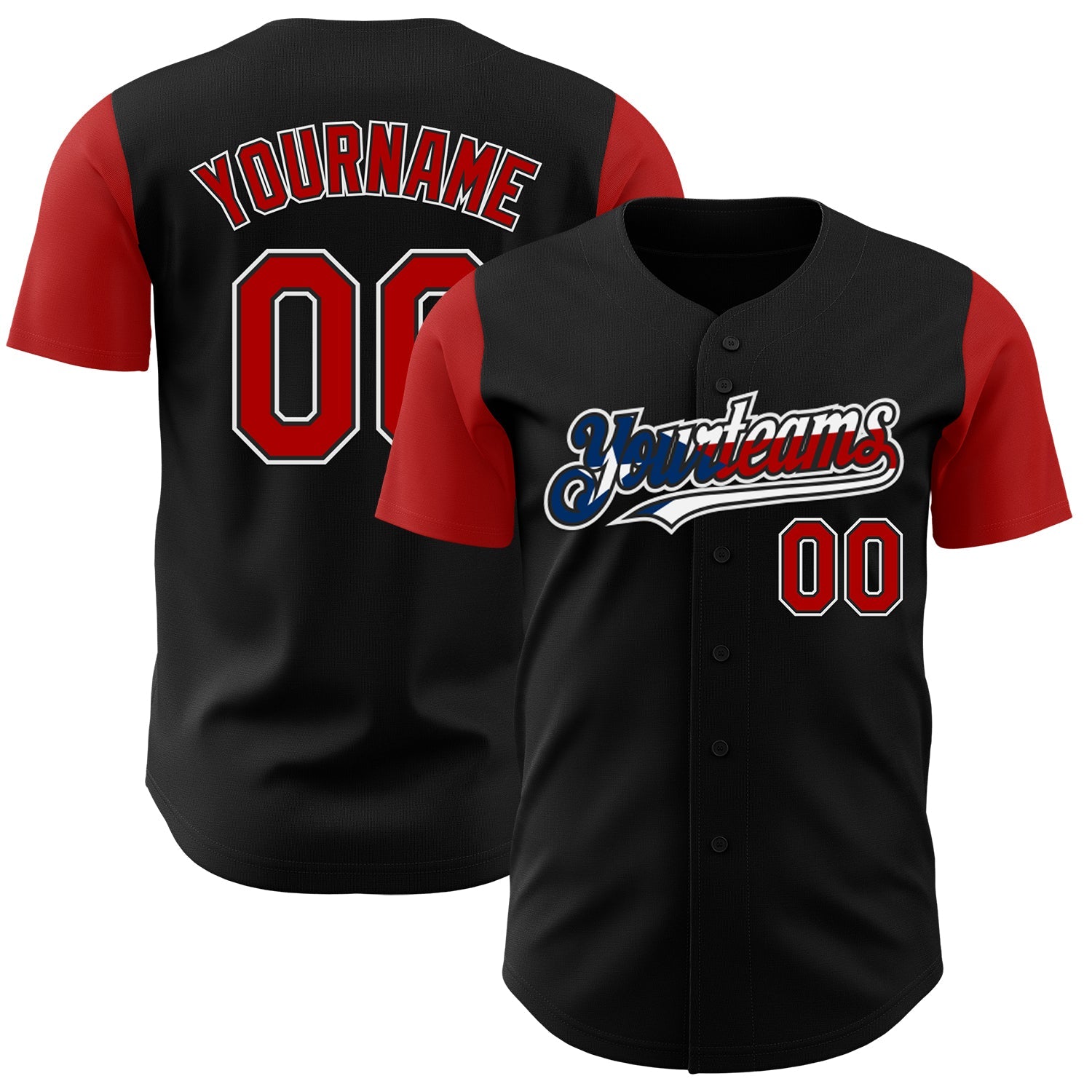 Custom Black Red White-Puerto Rican Flag 3D Puerto Rico Authentic Baseball Jersey - Main View