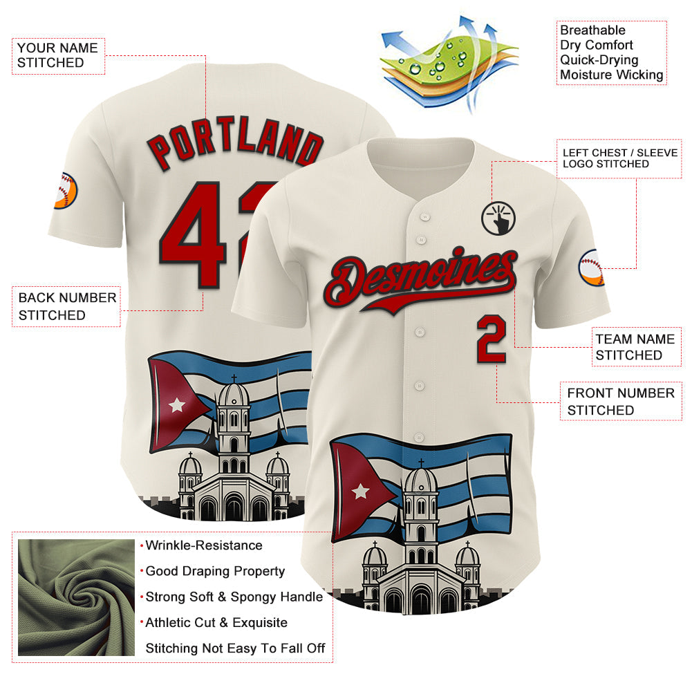 Custom Cream Red-Black 3D Cuba Santiago Cuban Flag Authentic Baseball Jersey view 3