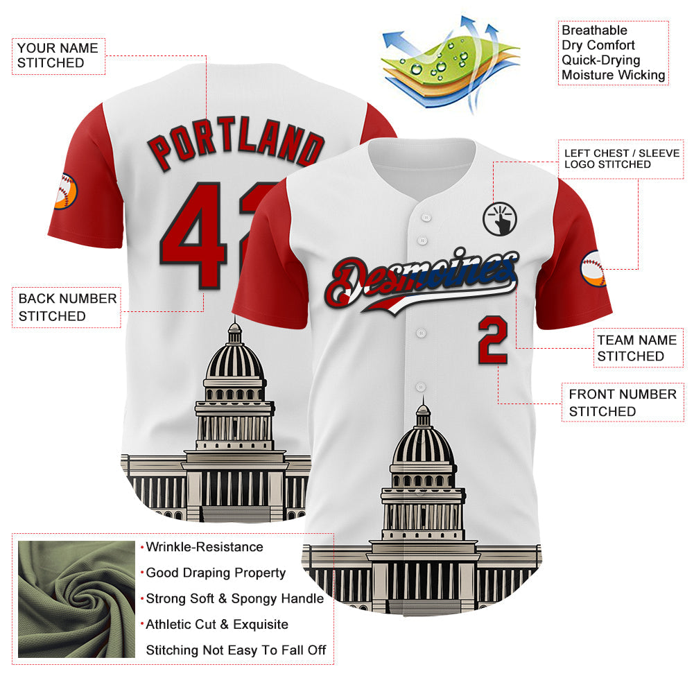 Custom White Red Black-Cuban Flag 3D Cuba Havana Authentic Baseball Jersey view 3