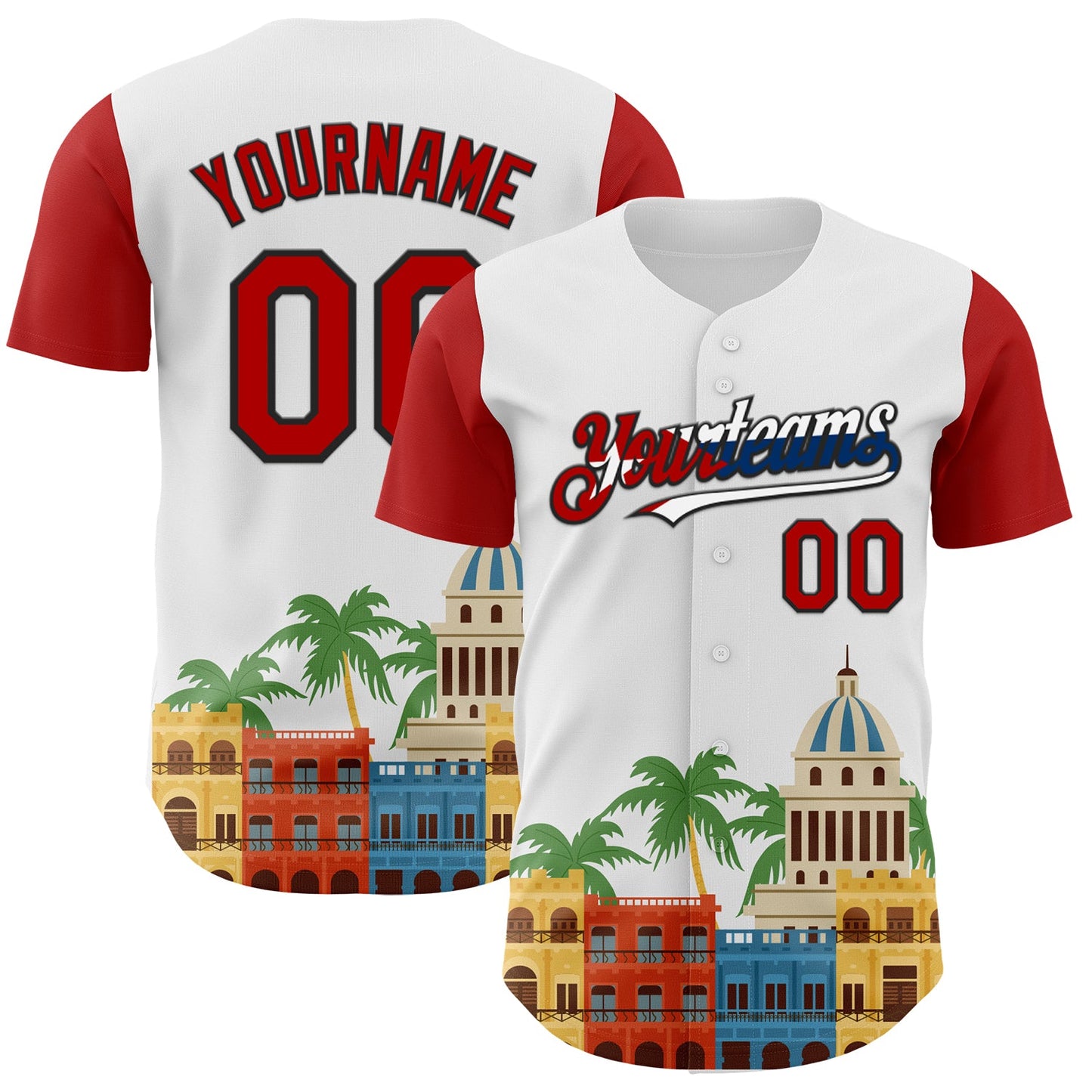 Custom White Red Black-Cuban Flag 3D Cuba Havana Authentic Baseball Jersey - Main View