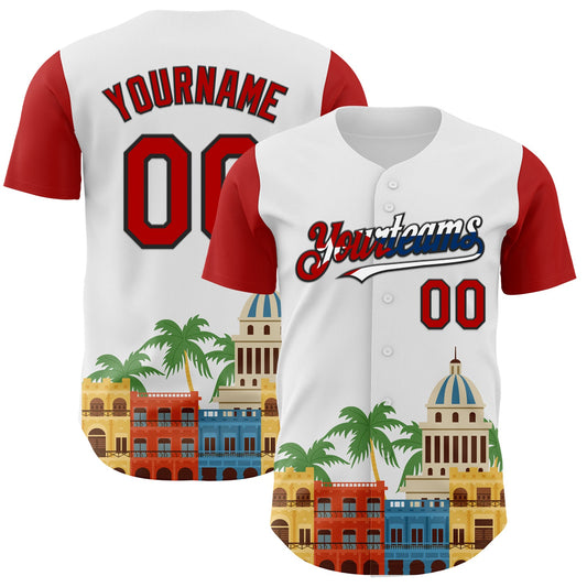 Custom White Red Black-Cuban Flag 3D Cuba Havana Authentic Baseball Jersey - Main View