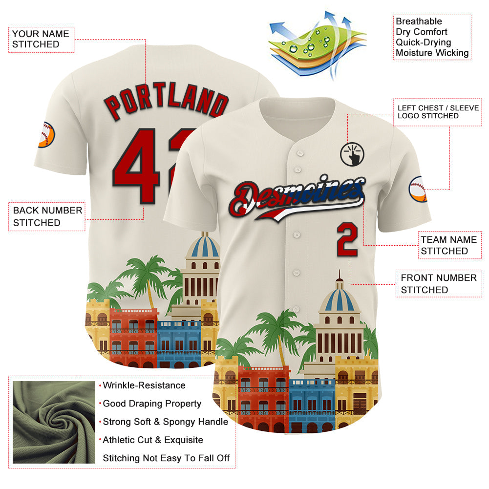 Custom Cream Red Black-Cuban Flag 3D Cuba Havana Authentic Baseball Jersey view 3
