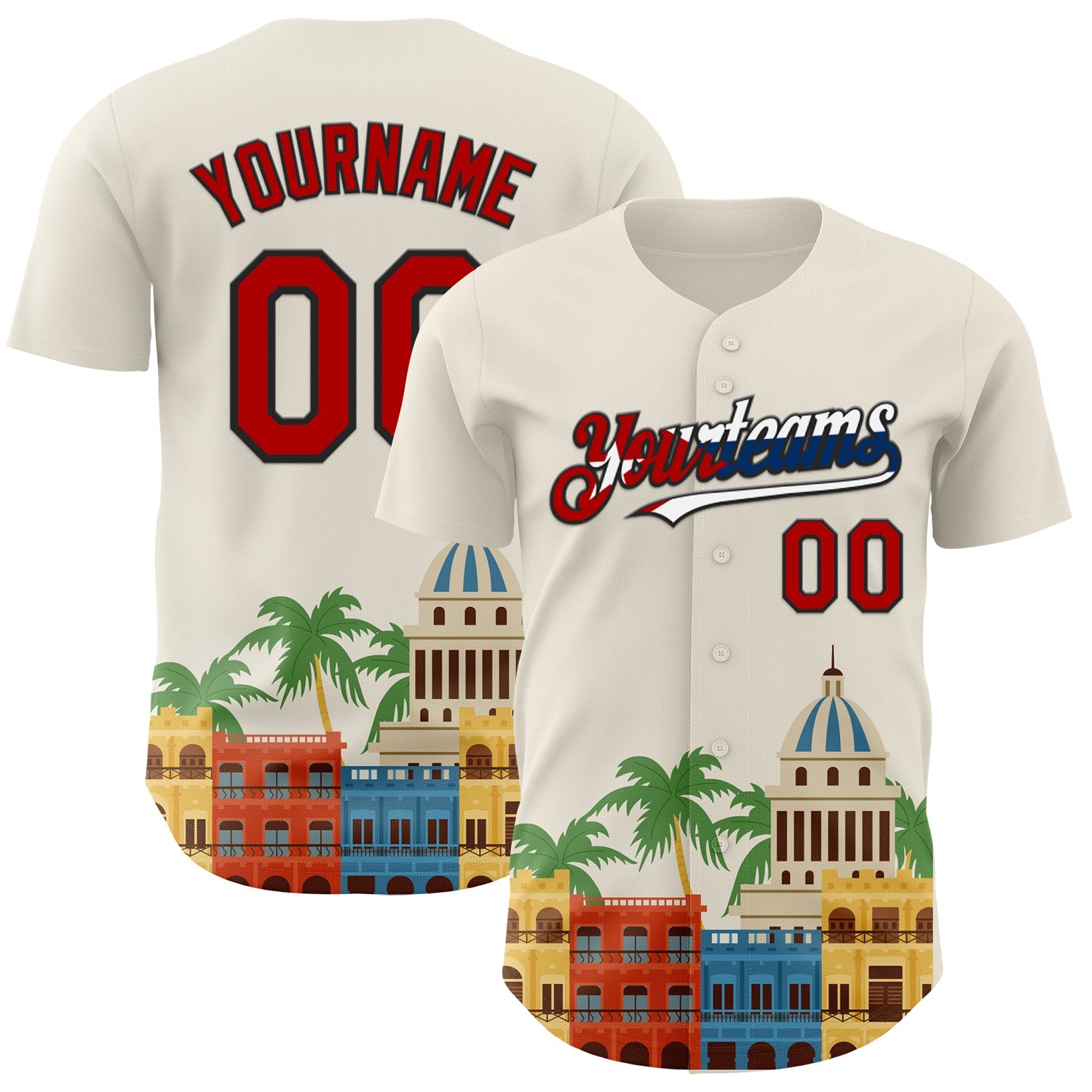 Custom Cream Red Black-Cuban Flag 3D Cuba Havana Authentic Baseball Jersey - Main View