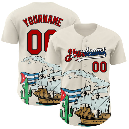 Custom Cream Red Black-Cuban Flag 3D Cuba Authentic Baseball Jersey - Main View