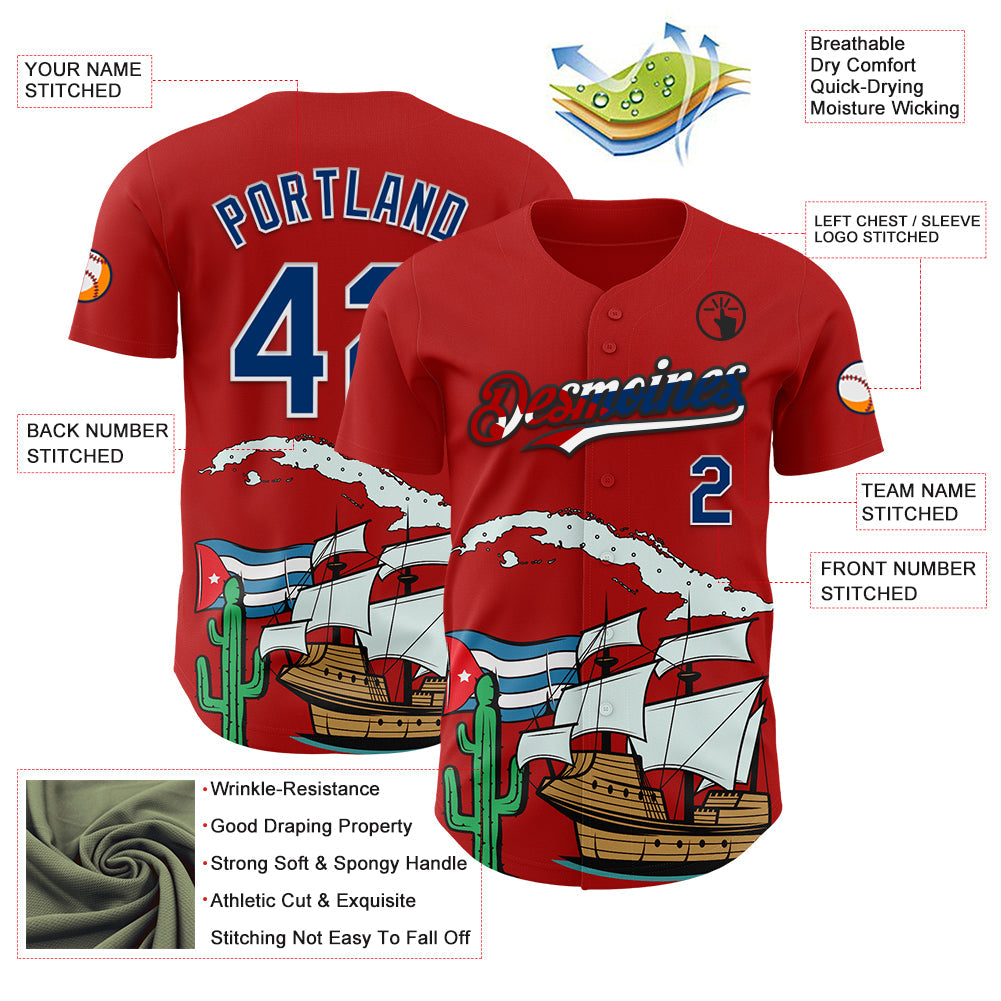 Custom Red US Navy Blue White Cuban Flag-Black 3D Cuba Authentic Baseball Jersey view 3