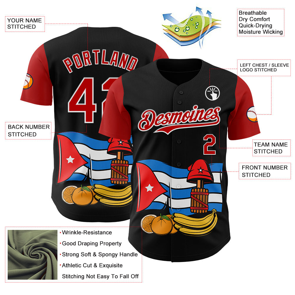 Custom Black Red-White 3D Cuba Cuban Flag Authentic Baseball Jersey view 3