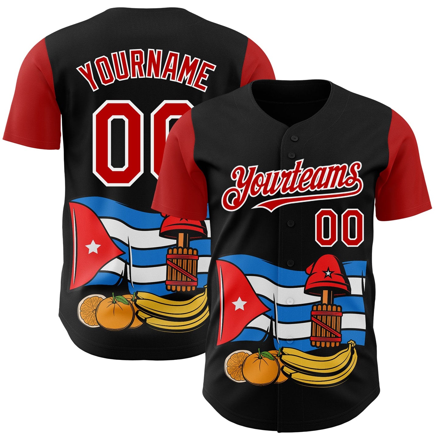 Custom Black Red-White 3D Cuba Cuban Flag Authentic Baseball Jersey - Main View