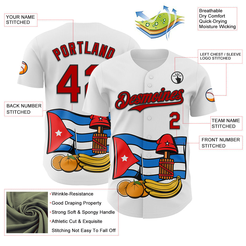 Custom White Red-Black 3D Cuba Cuban Flag Authentic Baseball Jersey view 3