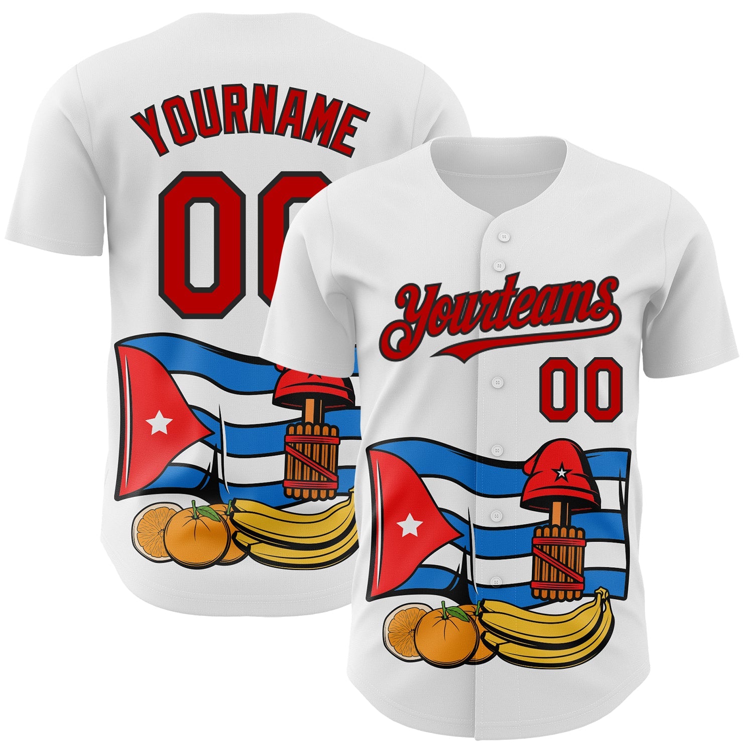Custom White Red-Black 3D Cuba Cuban Flag Authentic Baseball Jersey - Main View
