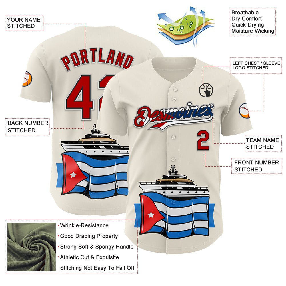 Custom Cream Red Black White-Cuban Flag 3D Cuba Authentic Baseball Jersey view 3