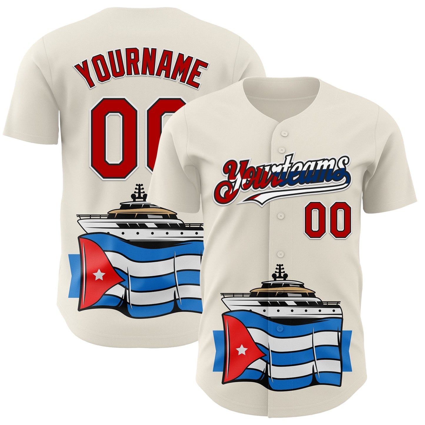 Custom Cream Red Black White-Cuban Flag 3D Cuba Authentic Baseball Jersey - Main View