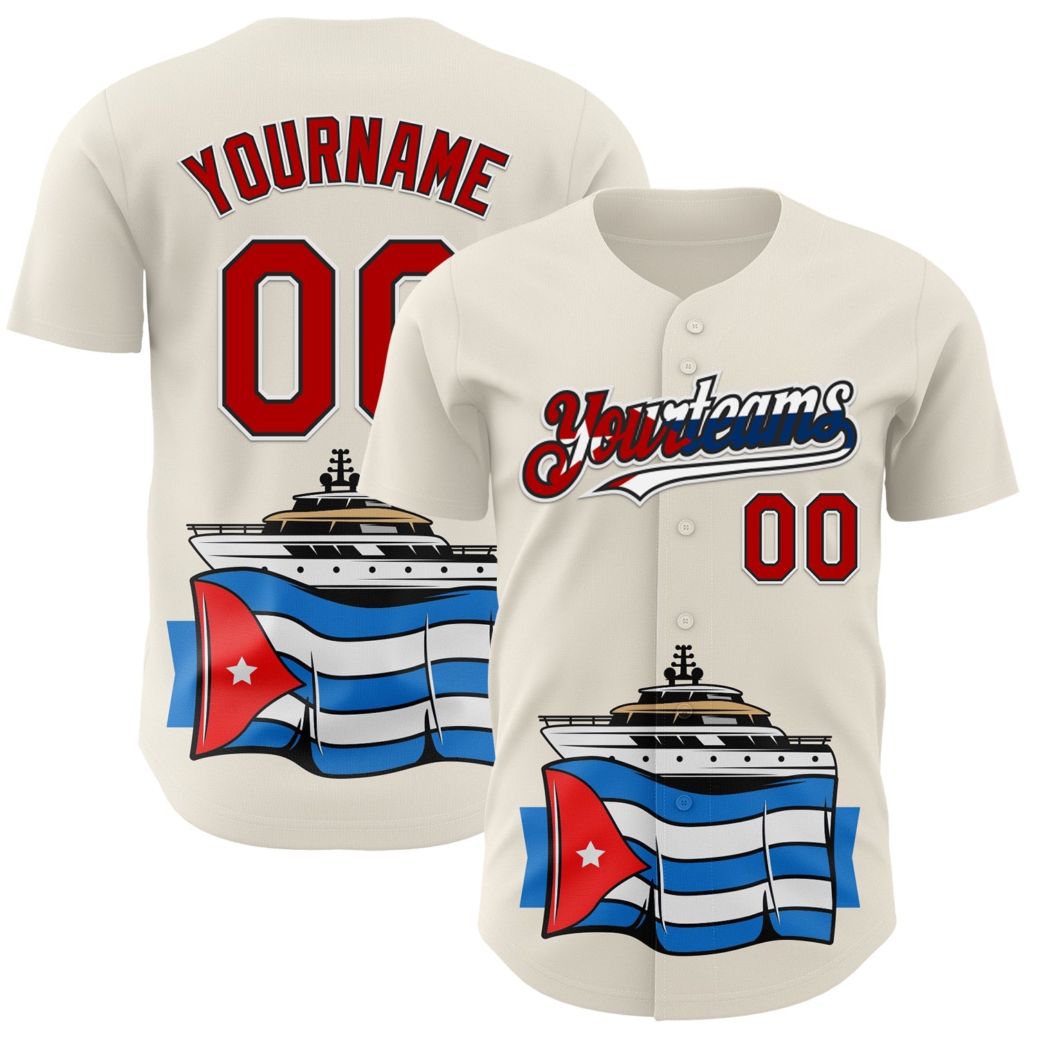 Custom Cream Red Black White-Cuban Flag 3D Cuba Authentic Baseball Jersey - Main View