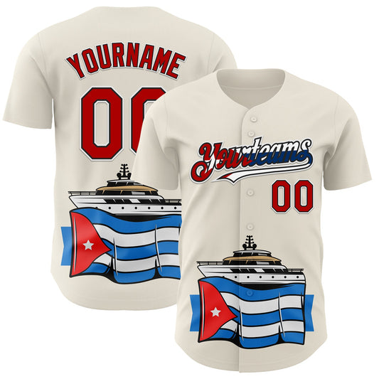 Custom Cream Red Black White-Cuban Flag 3D Cuba Authentic Baseball Jersey - Main View
