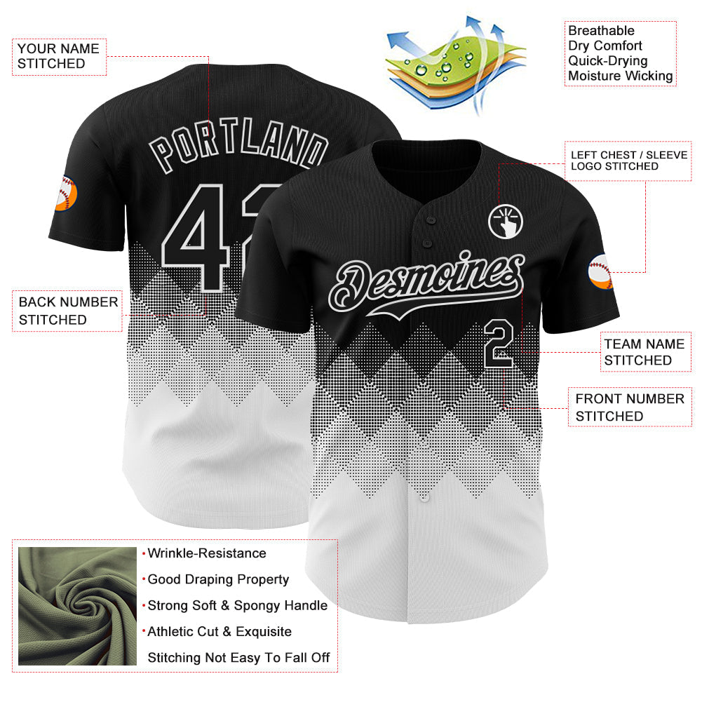Custom Black White 3D Gradient Square Shape Authentic Baseball Jersey view 3