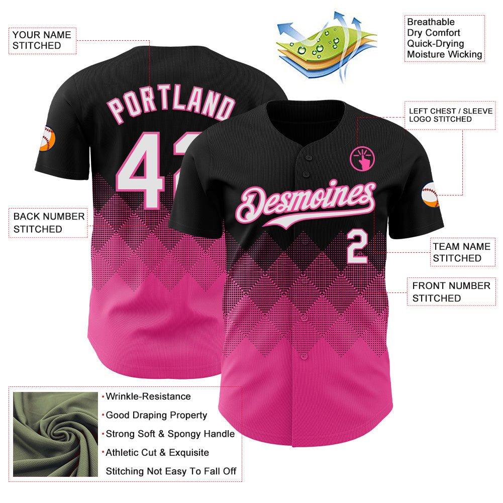 Custom Black White-Pink 3D Gradient Square Shape Authentic Baseball Jersey view 3