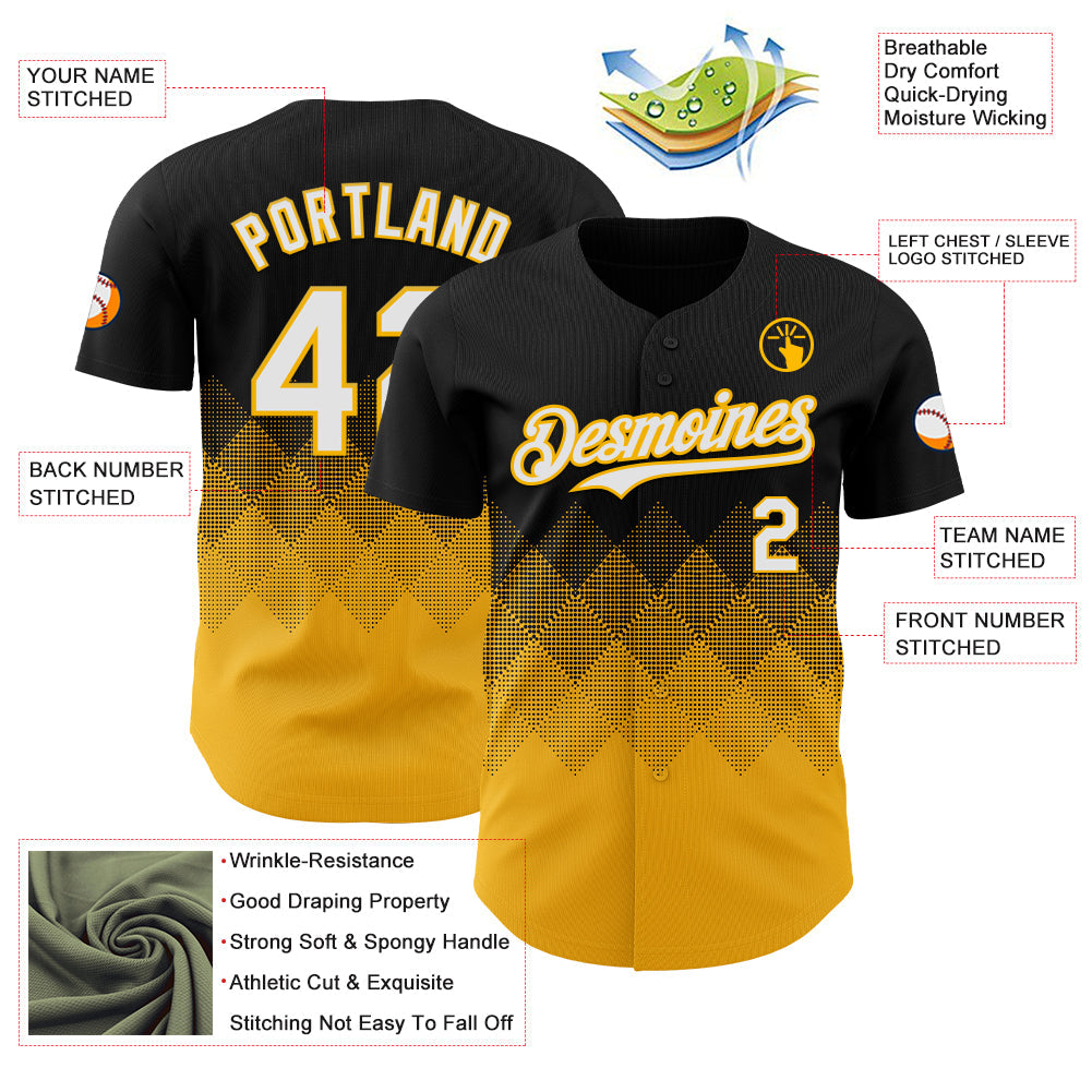 Custom Black White-Gold 3D Gradient Square Shape Authentic Baseball Jersey view 3