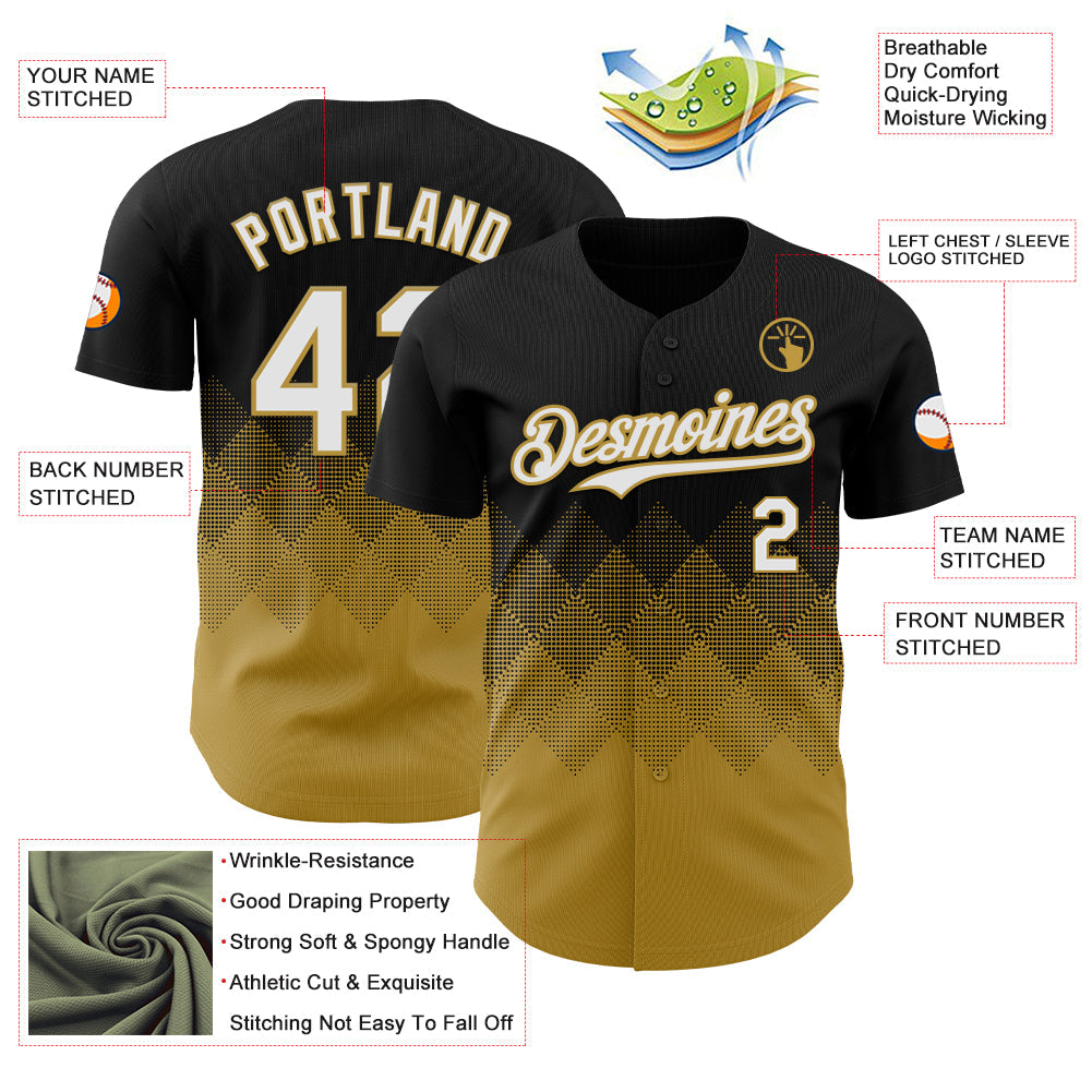 Custom Black White-Old Gold 3D Gradient Square Shape Authentic Baseball Jersey view 3