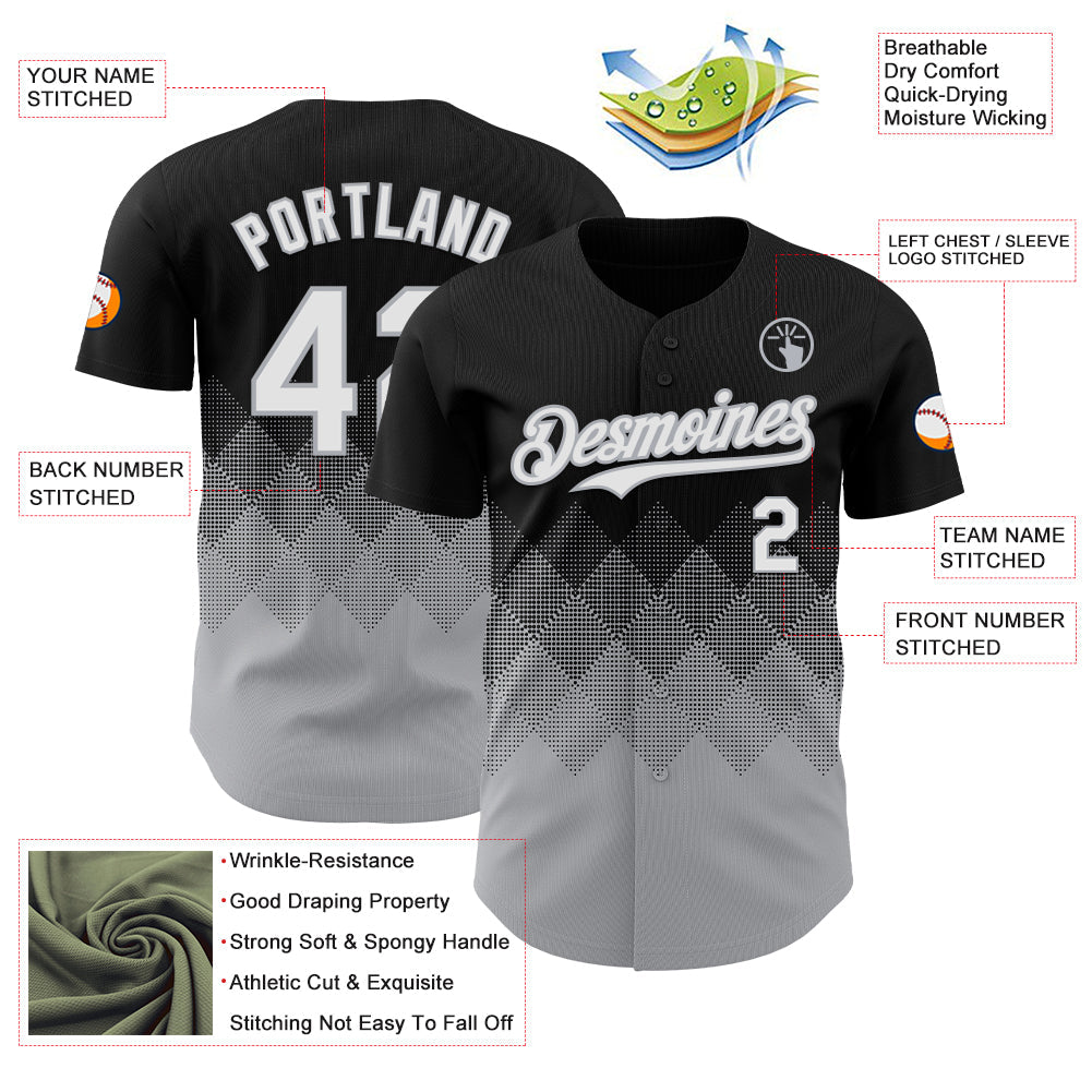 Custom Black White-Gray 3D Gradient Square Shape Authentic Baseball Jersey view 3