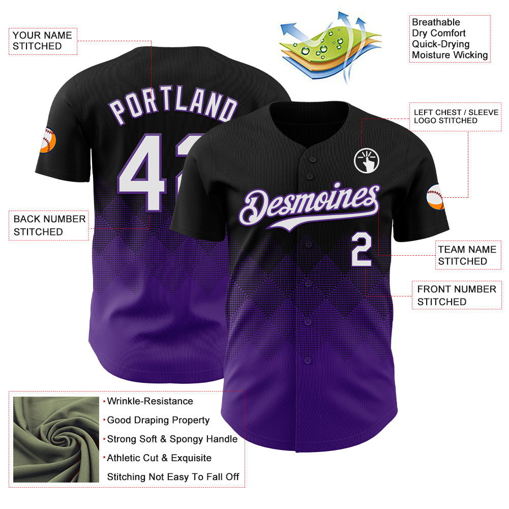 Custom Black White-Purple 3D Gradient Square Shape Authentic Baseball Jersey view 3