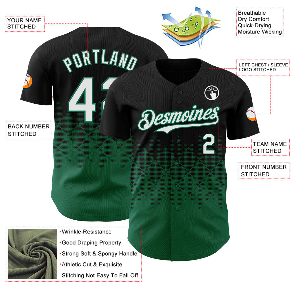Custom Black White-Kelly Green 3D Gradient Square Shape Authentic Baseball Jersey view 3