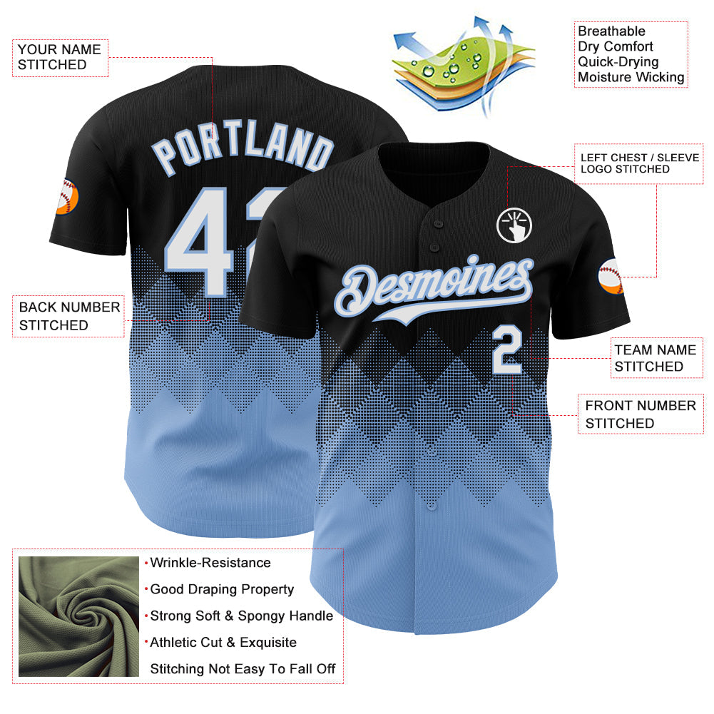 Custom Black White-Light Blue 3D Gradient Square Shape Authentic Baseball Jersey view 3