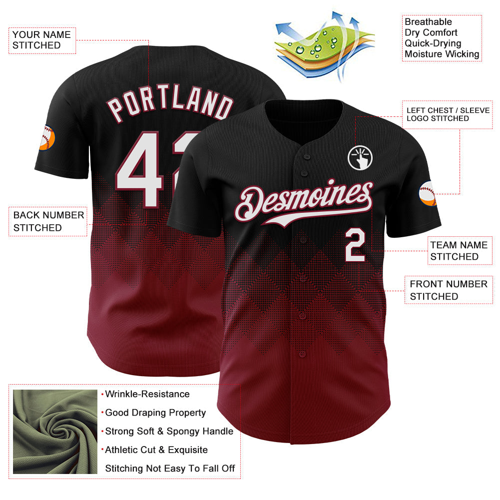 Custom Black White-Crimson 3D Gradient Square Shape Authentic Baseball Jersey view 3