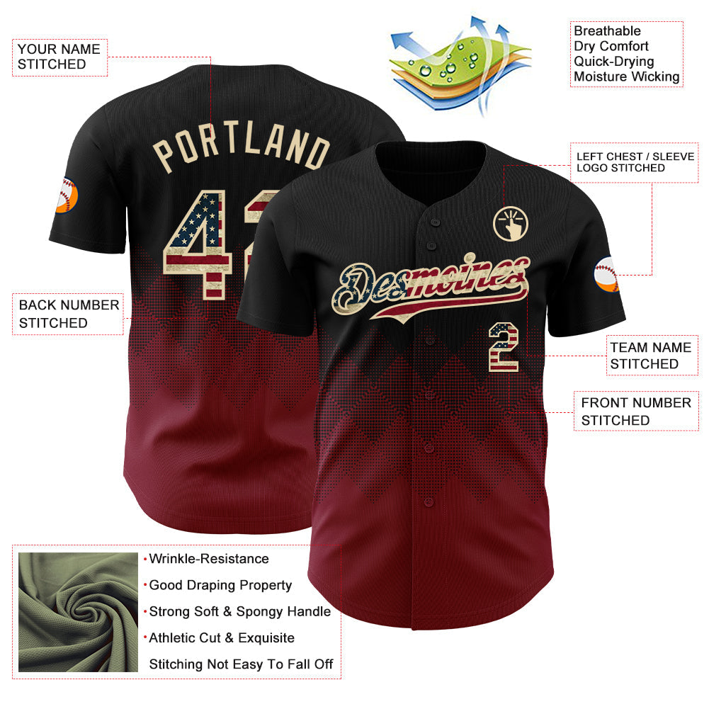 Custom Black Vintage USA Flag Crimson-Cream 3D Gradient Square Shape Authentic Baseball Jersey view 3