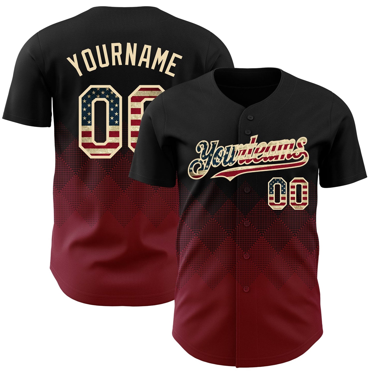Custom Black Vintage USA Flag Crimson-Cream 3D Gradient Square Shape Authentic Baseball Jersey - Main View