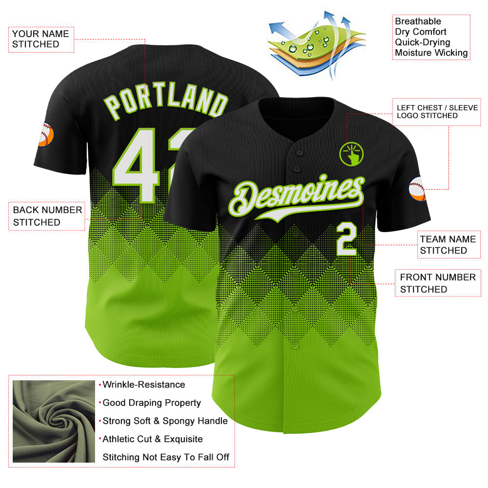 Custom Black White-Neon Green 3D Gradient Square Shape Authentic Baseball Jersey view 3