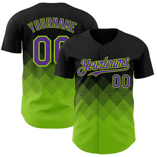 Custom Black Purple-Neon Green 3D Gradient Square Shape Authentic Baseball Jersey - Main View