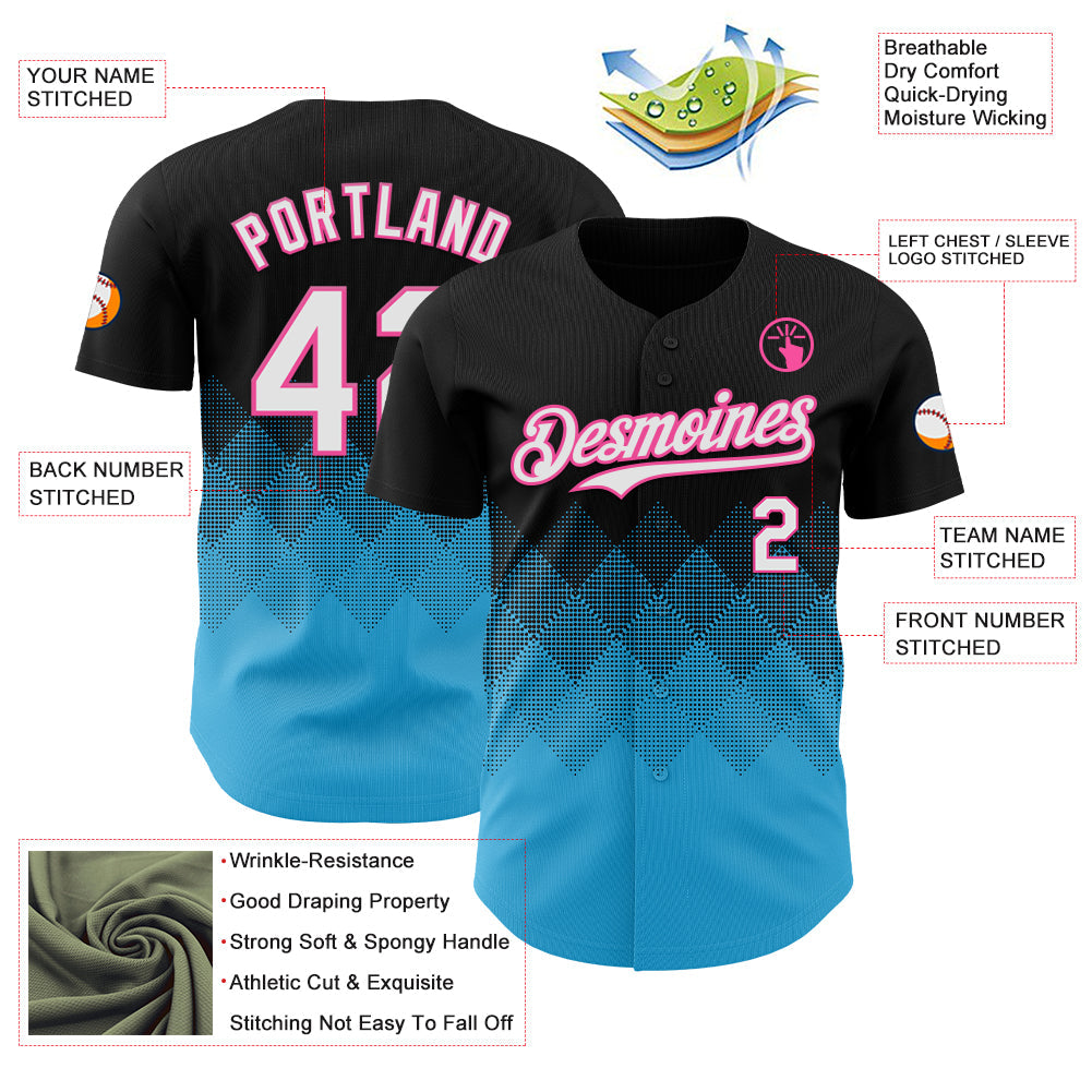 Custom Black White Sky Blue-Pink 3D Gradient Square Shape Authentic Baseball Jersey view 3