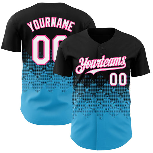 Custom Black White Sky Blue-Pink 3D Gradient Square Shape Authentic Baseball Jersey - Main View