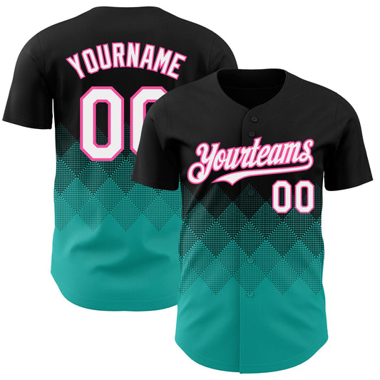 Custom Black White Aqua-Pink 3D Gradient Square Shape Authentic Baseball Jersey - Main View