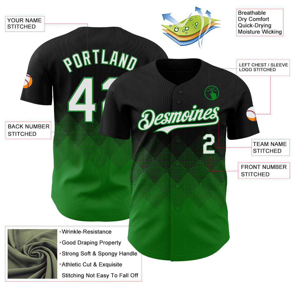 Custom Black White-Grass Green 3D Gradient Square Shape Authentic Baseball Jersey view 3