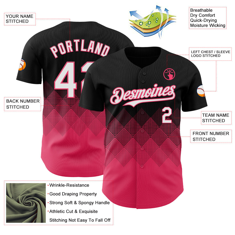 Custom Black White-Neon Pink 3D Gradient Square Shape Authentic Baseball Jersey view 3