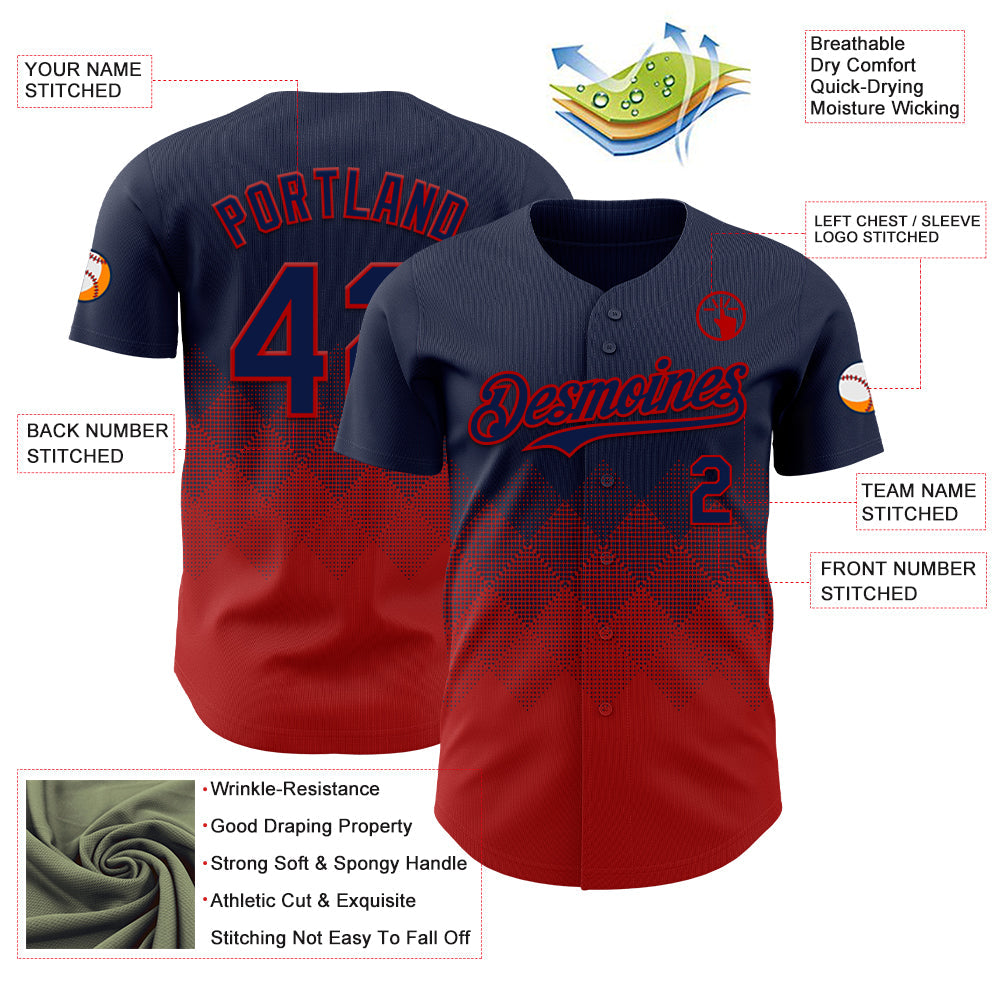 Custom Navy Red 3D Gradient Square Shape Authentic Baseball Jersey view 3