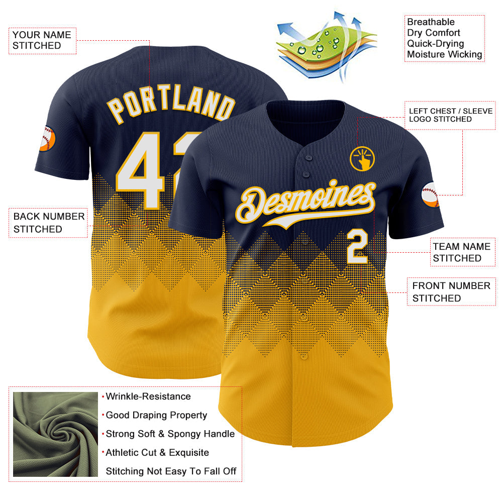 Custom Navy White-Gold 3D Gradient Square Shape Authentic Baseball Jersey view 3