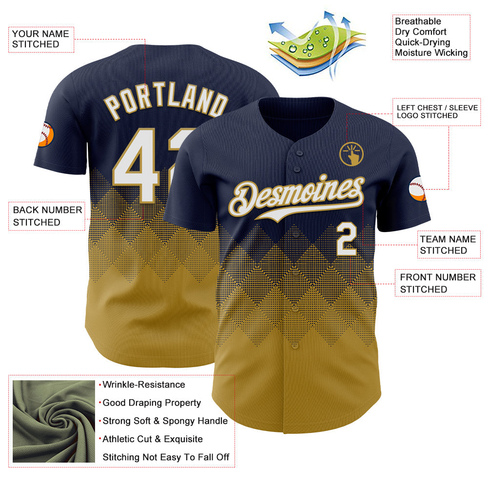 Custom Navy White-Old Gold 3D Gradient Square Shape Authentic Baseball Jersey view 3