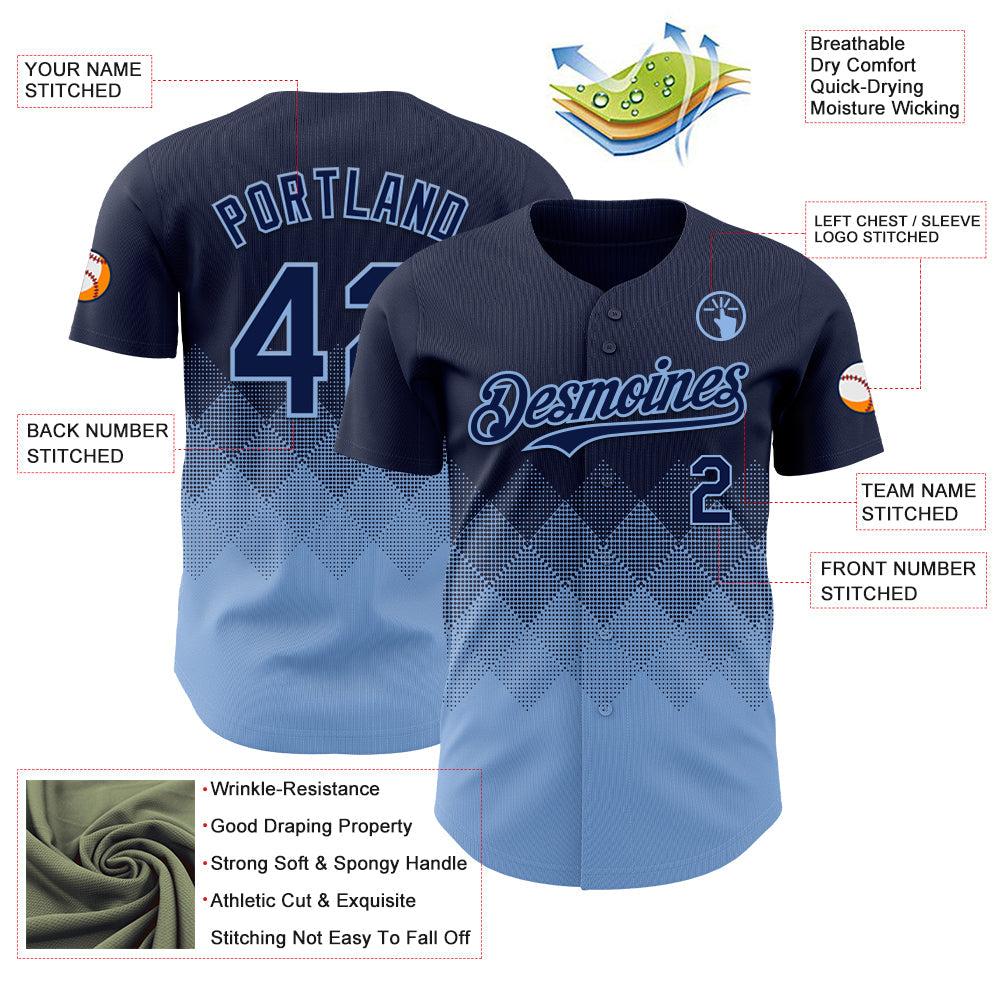Custom Navy Light Blue 3D Gradient Square Shape Authentic Baseball Jersey view 3