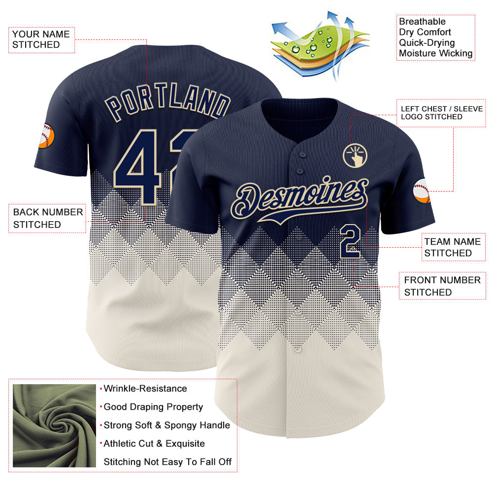 Custom Navy Cream 3D Gradient Square Shape Authentic Baseball Jersey view 3