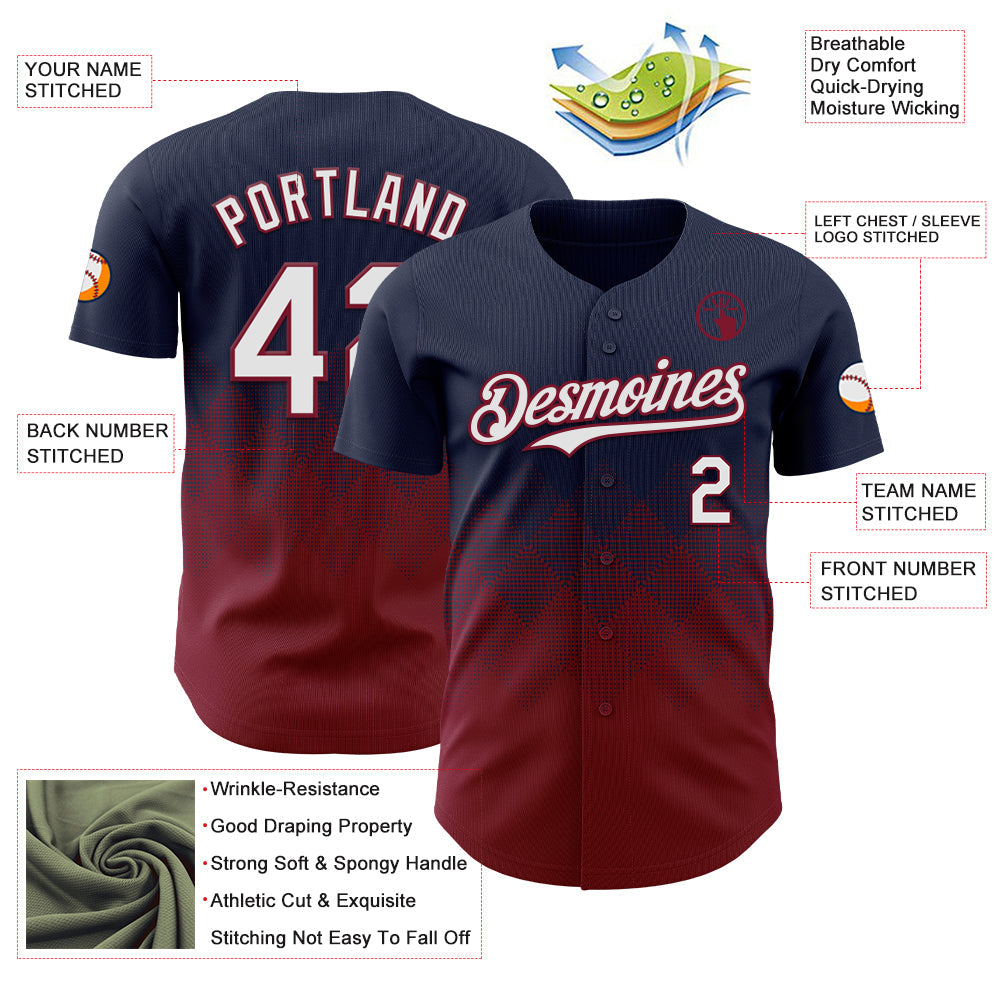 Custom Navy White-Crimson 3D Gradient Square Shape Authentic Baseball Jersey view 3