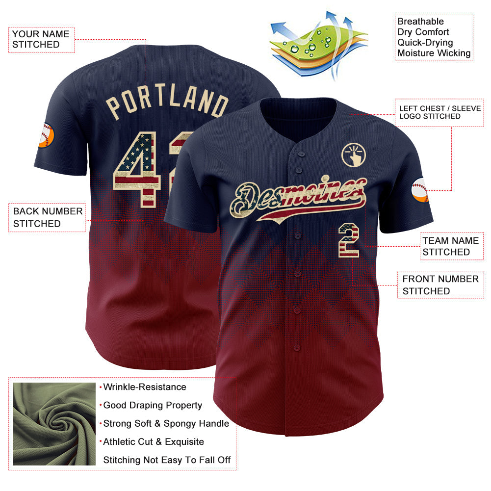 Custom Navy Vintage USA Flag Crimson-Cream 3D Gradient Square Shape Authentic Baseball Jersey view 3