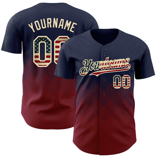 Custom Navy Vintage USA Flag Crimson-Cream 3D Gradient Square Shape Authentic Baseball Jersey - Main View