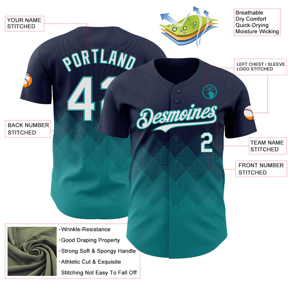 Custom Navy White-Teal 3D Gradient Square Shape Authentic Baseball Jersey view 3