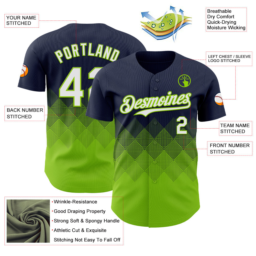 Custom Navy White-Neon Green 3D Gradient Square Shape Authentic Baseball Jersey view 3