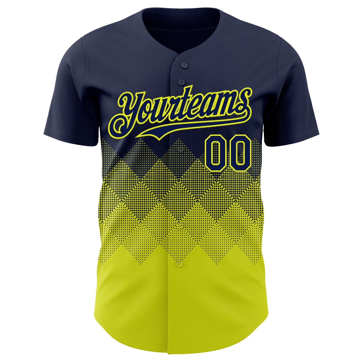Custom Navy Neon Yellow 3D Gradient Square Shape Authentic Baseball Jersey view 2